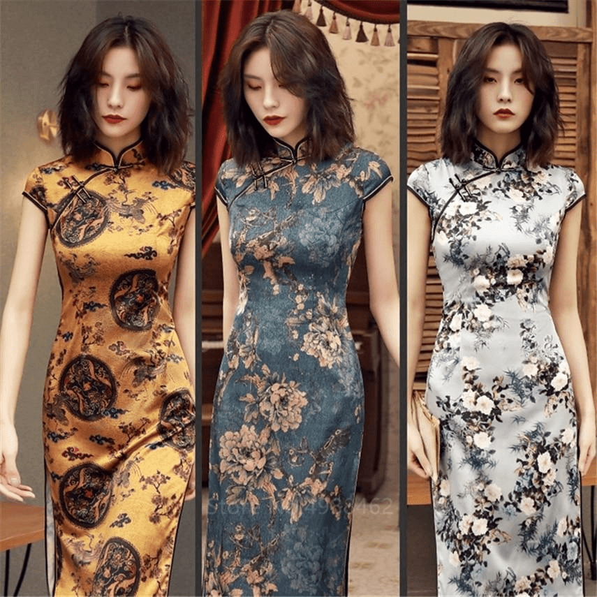 Chinese Traditional Dress Cheongsam Qipao Women Girls Party Wedding Fashion Vintage Retro Crane Floral Print Satin Short Dress | Tryst Hanfus