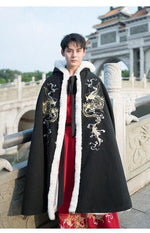 Load image into Gallery viewer, Men&amp;Women Hanfu Cloak Chinese Ancient Traditional Winter Black Red Hooded Cape Adult New Year Costume For Couples Plus Size
