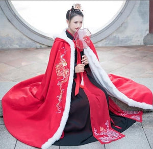 Men&Women Hanfu Cloak Chinese Ancient Traditional Winter Black Red Hooded Cape Adult New Year Costume For Couples Plus Size