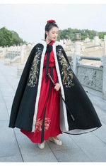 Load image into Gallery viewer, Men&amp;Women Hanfu Cloak Chinese Ancient Traditional Winter Black Red Hooded Cape Adult New Year Costume For Couples Plus Size
