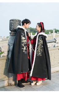 Men&Women Hanfu Cloak Chinese Ancient Traditional Winter Black Red Hooded Cape Adult New Year Costume For Couples Plus Size